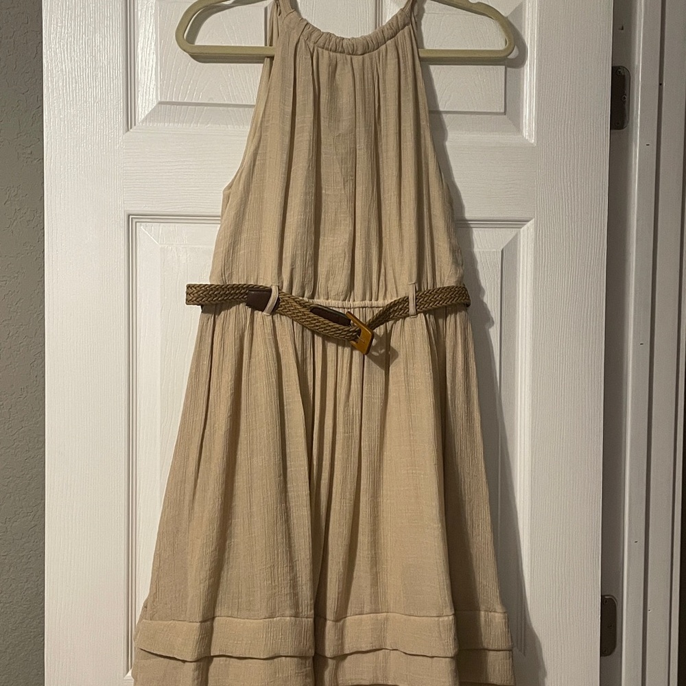 Elegant Beige Sleeveless Dress with Woven Belt